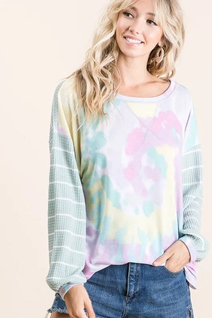 BiBi Tie Dye Terry Top with Wide Stripe Thermal Waffle