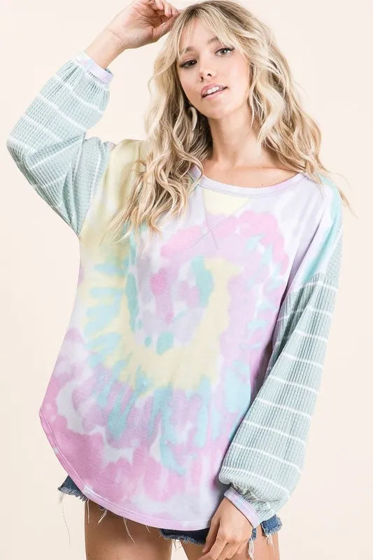 BiBi Tie Dye Terry Top with Wide Stripe Thermal Waffle