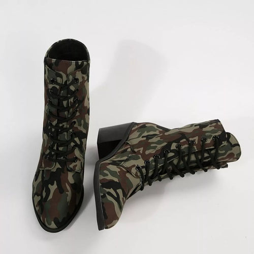 Camouflage Lace Up Block : Heels Boots