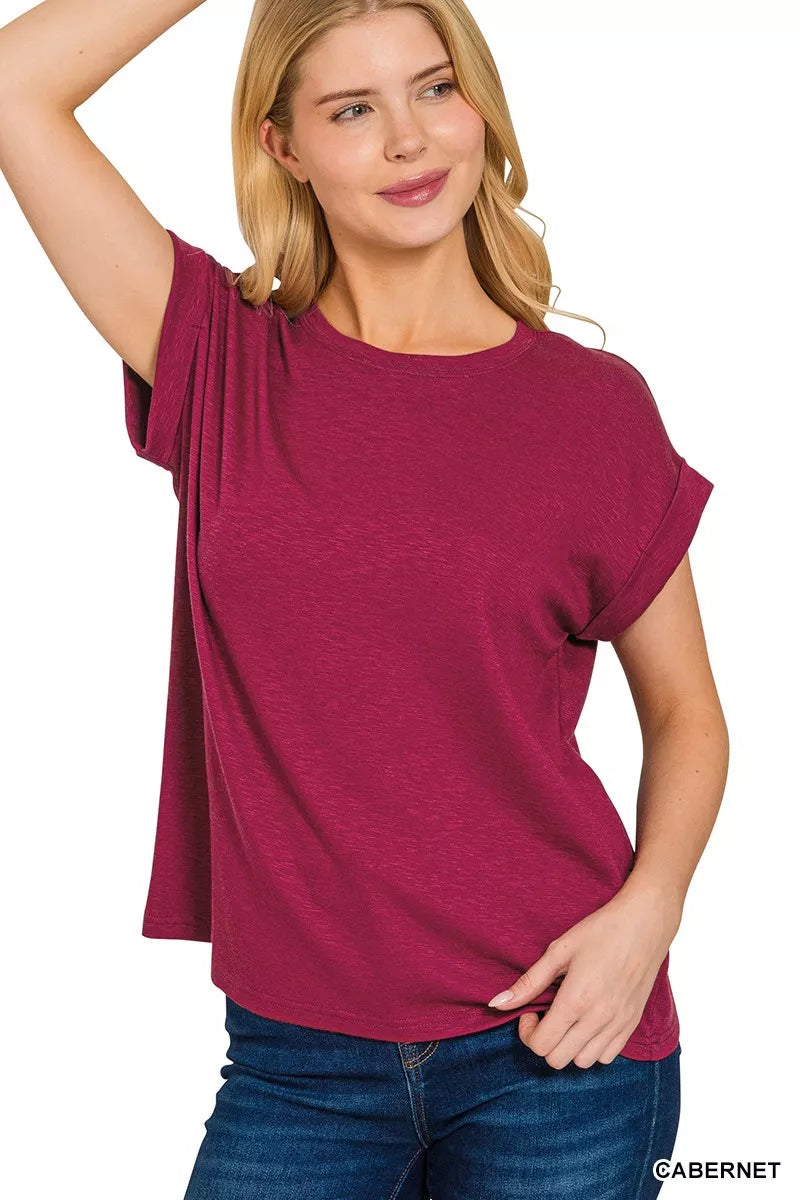 Zenana Cotton Modal Slub Rolled Sleeve T-Shirt