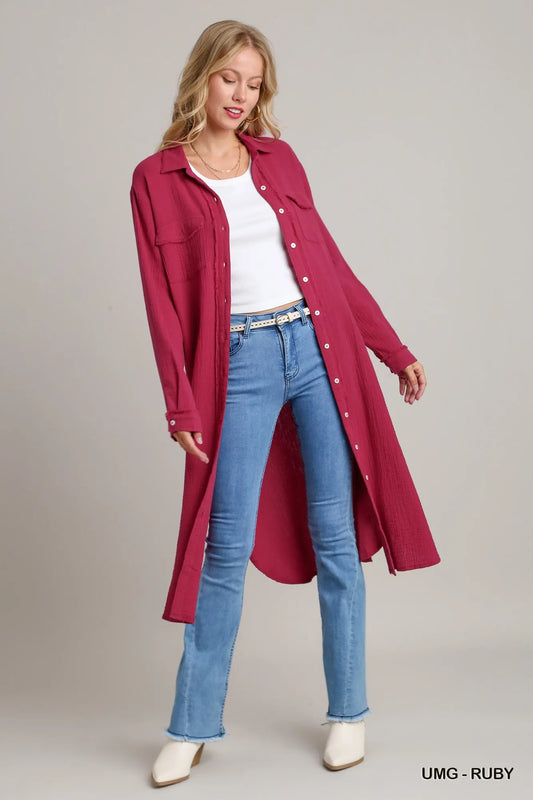 Umgee Cotton Gauze Button Down Shirt Dress