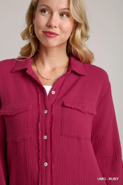 Umgee Cotton Gauze Button Down Shirt Dress