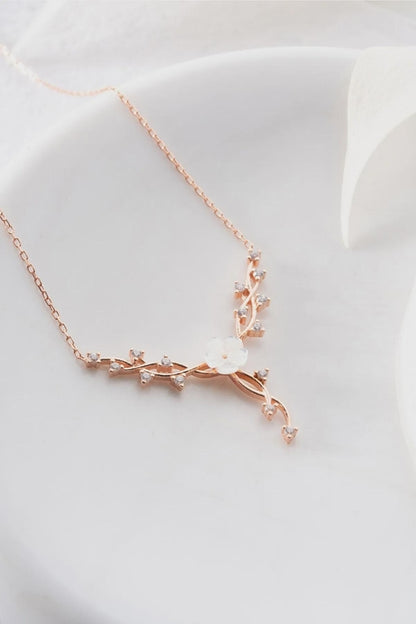 Sterling Silver Magnolia Vine Necklace Rhodium Plated Floral Jewelry