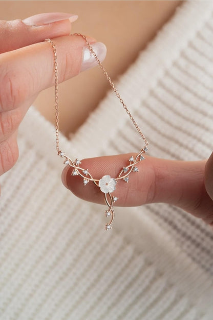 Sterling Silver Magnolia Vine Necklace Rhodium Plated Floral Jewelry