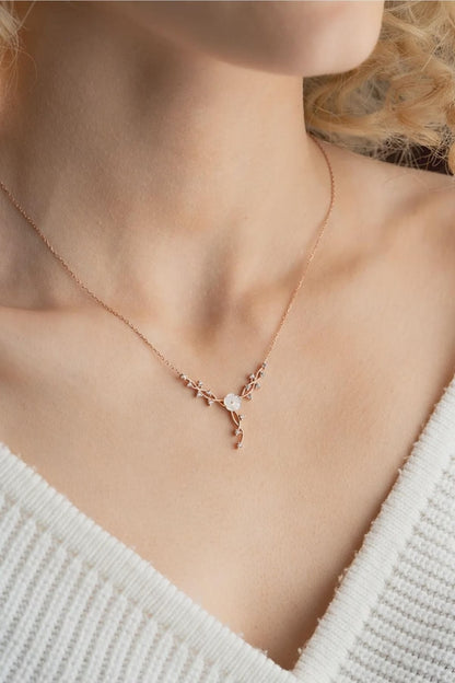 Sterling Silver Magnolia Vine Necklace Rhodium Plated Floral Jewelry