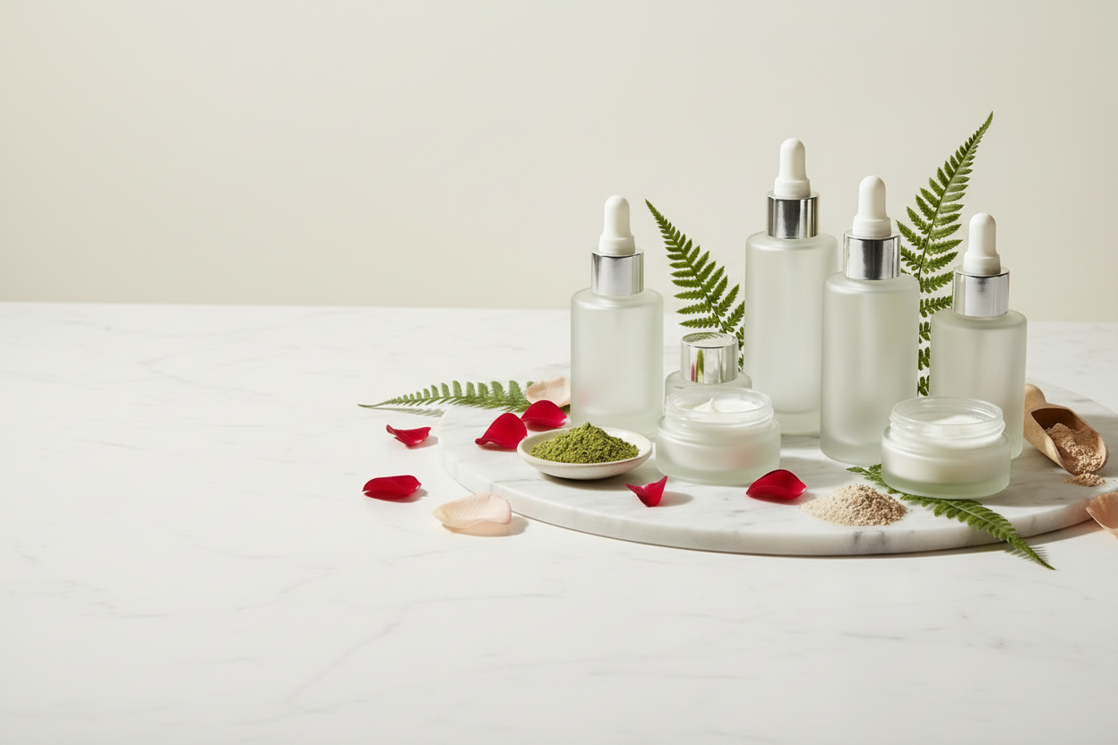 Organic skincare product arrangement with empty spaces